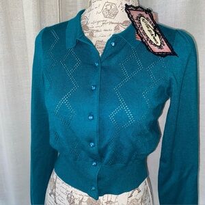 NWT Kitten D’Amour Teal Green Needpoint Cropped Cardigan Women’s Size Large